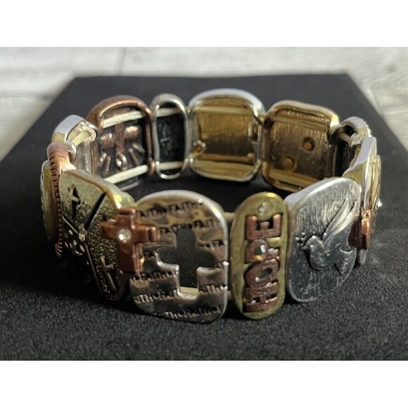 Mixed Metal Spiritual Faith Hope Love Hearts Christian Stretch Bracelet 8" - Picture 4 of 9